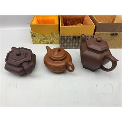 Six Chinese Yixing teapots, of various form and style, some having incised decoration, all boxed, tallest approx H12cm