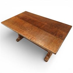 Mouseman - 1937 refectory table, Sir Herbert Baker commission for Westminster Church House, the rectangular adzed plank top above twin octagonal baluster supports united by a pegged stretcher, raised on shaped sled bases carved with a partridge and a loaf of bread, with carved mouse signature to inside leg, by Robert Thompson of Kilburn

The carved loaves reference the original patron, while the partridges are thought to represent Frank Partridge, Bishop of Portsmouth from 1877 to 1941, who played a key role in the founding of Church House and served as its Secretary from 1936 until 1941

Reference
Christie’s ROBERT “MOUSEMAN” THOMPSON; Refectory Table, Lot 188, sold at Christie’s London, commissioned by Sir Herbert Baker KCIE, RA, architect of Church House (opened 1937). Provenance and description available on the Christie’s website
https://www.christies.com/en/lot/lot-4618786