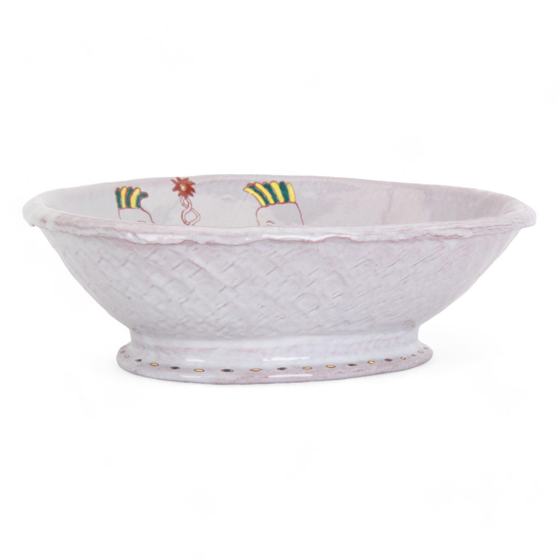 Hylton Nel (1941-) Studio pottery pedestal dish of oval from, 1995, the white ground decorated internally with two stylised figures, with makers mark and date to the base HN.14.12.95, H10cm, L30cm 