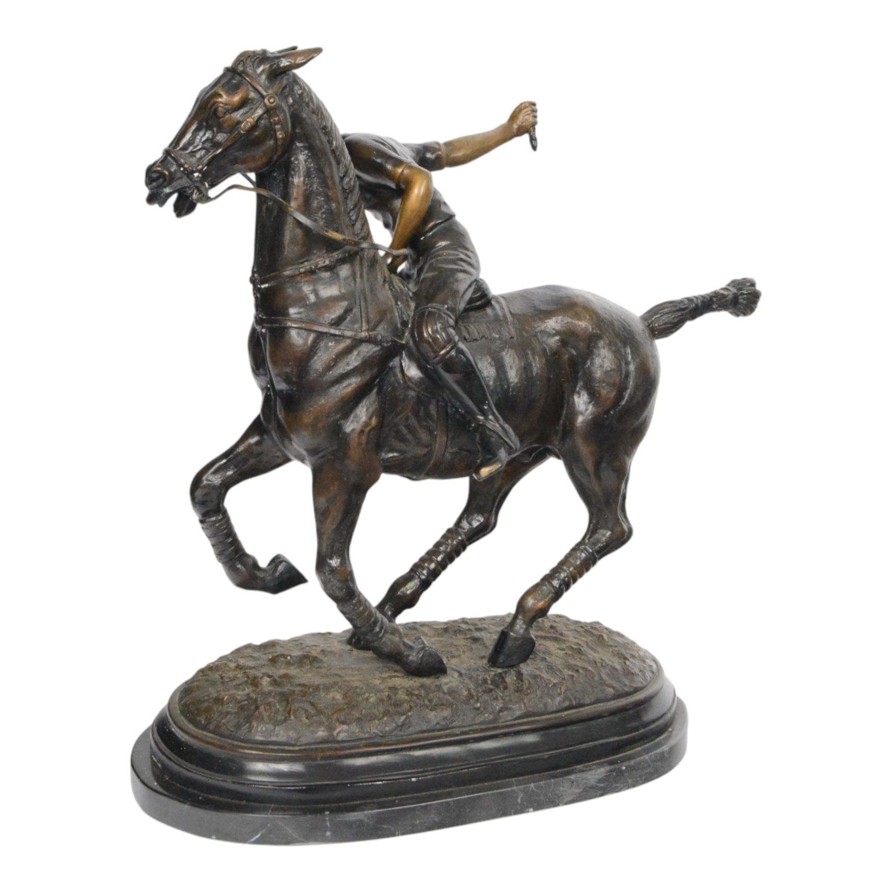 20th century spelter figure of a mounted polo player, upon a marble base, H60cm