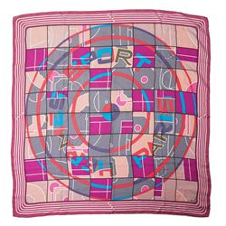Hermès - ‘Hermès Sport’ silk scarf, designed by Anamorphée, first issued 2013, grey, burgundy, pink, blue and salmon colourway with hand-rolled edges