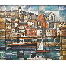 Ken Law (British 1919-1988): Harbour Town, mixed media on board signed with monogram 61cm x 72.5cm