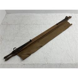 WW1 British casualty stretcher with iron mounted pitch pine sides and canvas base; stamped 'HL1917' and L7 with broad arrow in a triangle L236cm ( reputedly recovered from a barn at Bapaume on The Somme)