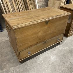 Victorian pine mule chest, rectangular moulded hinged lid, fitted with single drawer, brass carrying handles to each side, on turned feet - THIS LOT IS TO BE COLLECTED BY APPOINTMENT FROM THE OLD BUFFER DEPOT, MELBOURNE PLACE, SOWERBY, THIRSK, YO7 1QY
