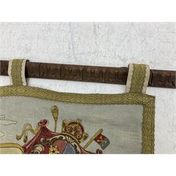 Medieval style German tapestry wall hanging suspended from carved oak pole depicting fairy-tale Rapunzel scene, H126cm W160cm approx 