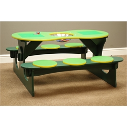  Child's play bench inset with two green Lego bases and a piece recess, 115cm x 108cm, H54cm  