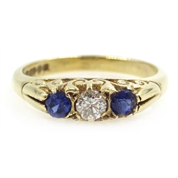 Sapphire and diamond three stone 9ct gold ring hallmarked
