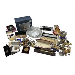 Cased set of two gold plated Sheaffer ballpoint pens, Georg Jensen boxed bowl, and quantity of vintage and later costume jewellery to include hallmarked gold cross pendant, other silver jewellery etc