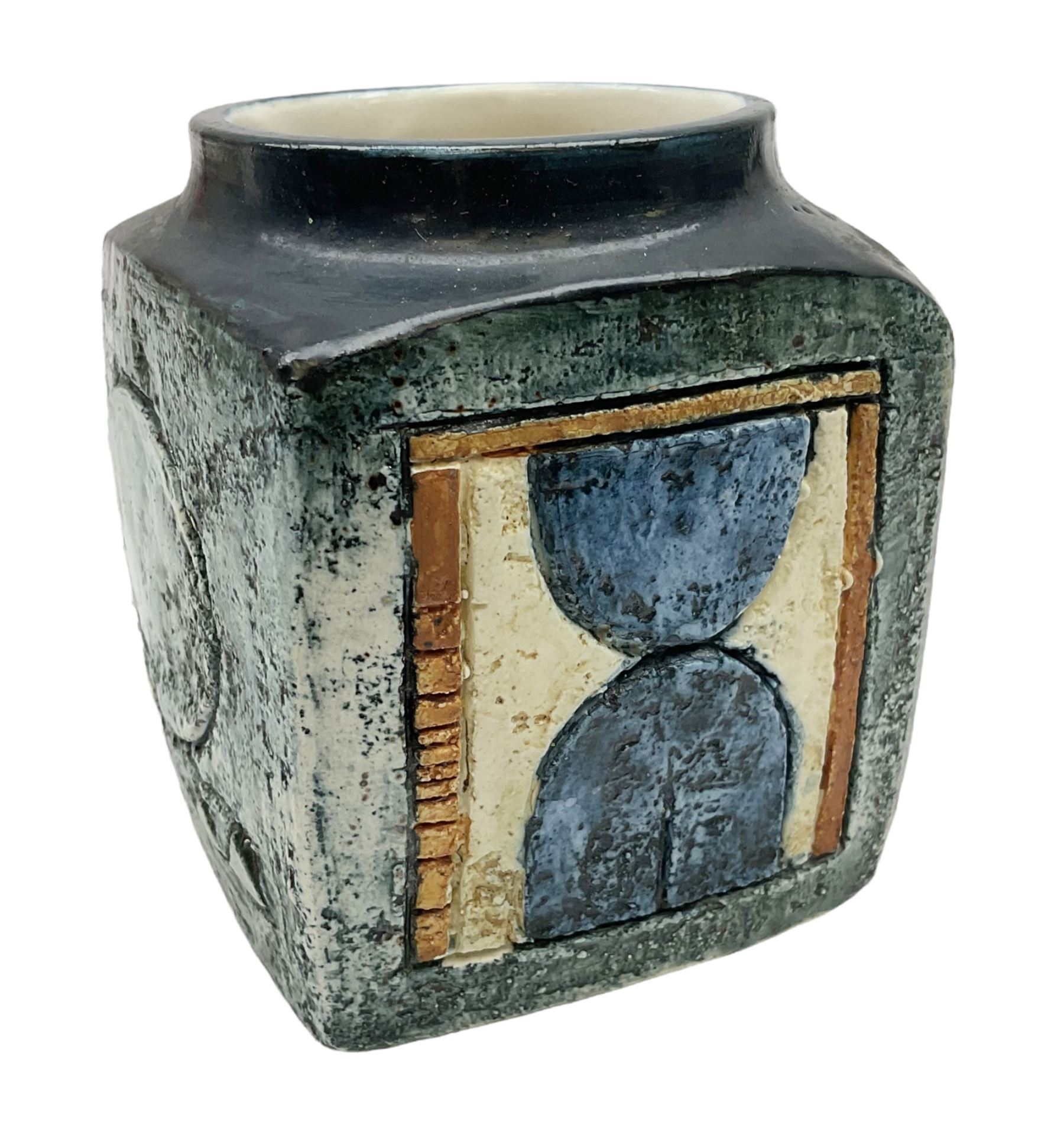 Troika cube vase, designed by Sally Bart, with a geometric design, with painted marks to base, H9.5cm.