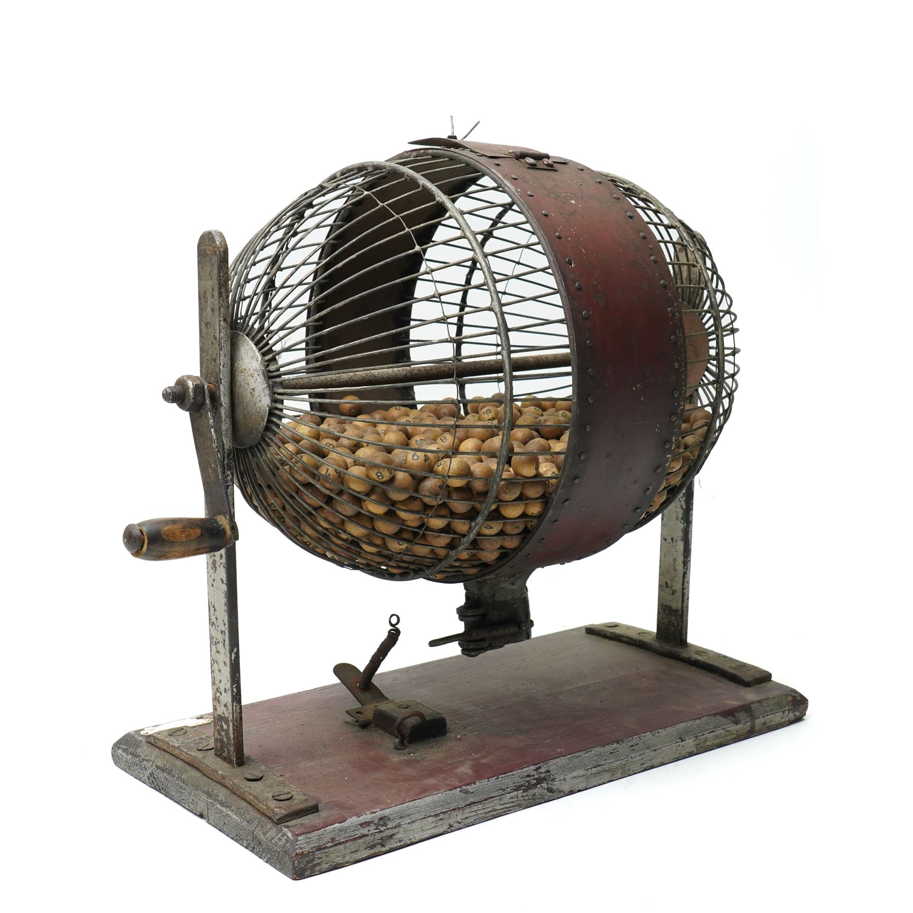 Vintage wire work tombola with wooden balls in metal frame and on rectangular wooden base H39cm 