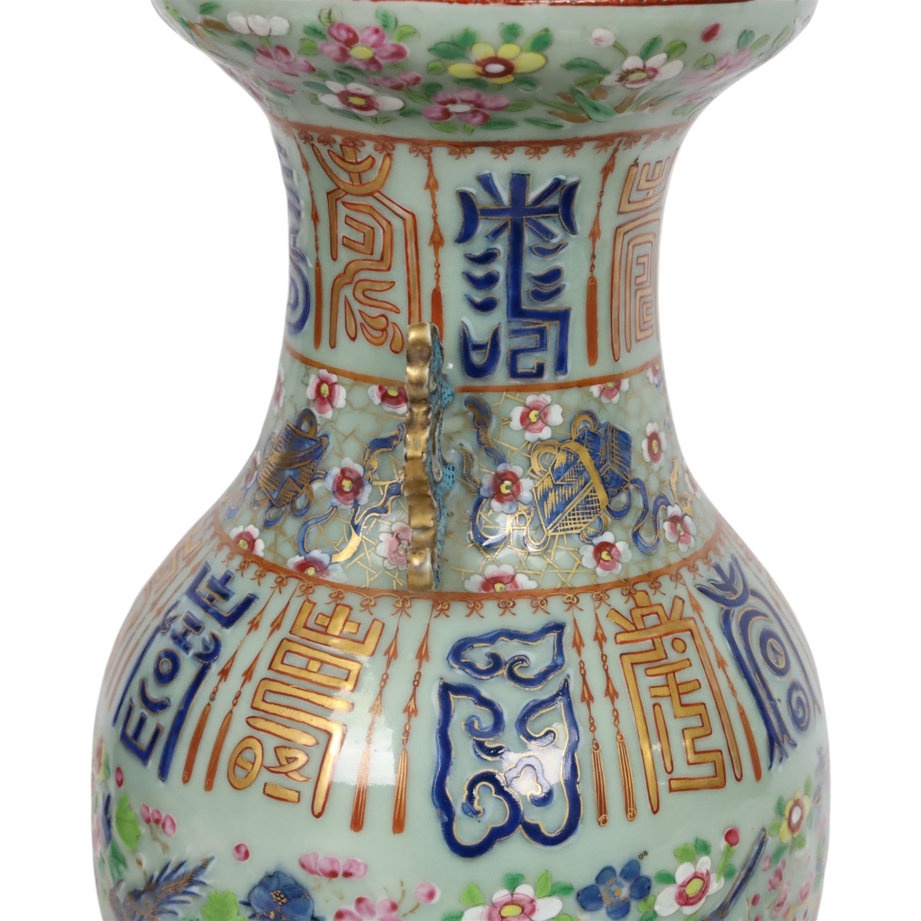Early 20th century Chinese celadon ground vase, converted to lamp, of baluster form with flared neck and applied twin scroll handles to shoulders, the body decorated with polychrome enamels of birds amongst flowering branches, between bands of archaistic characters in blue, iron red and gilt, including fittings H60cm