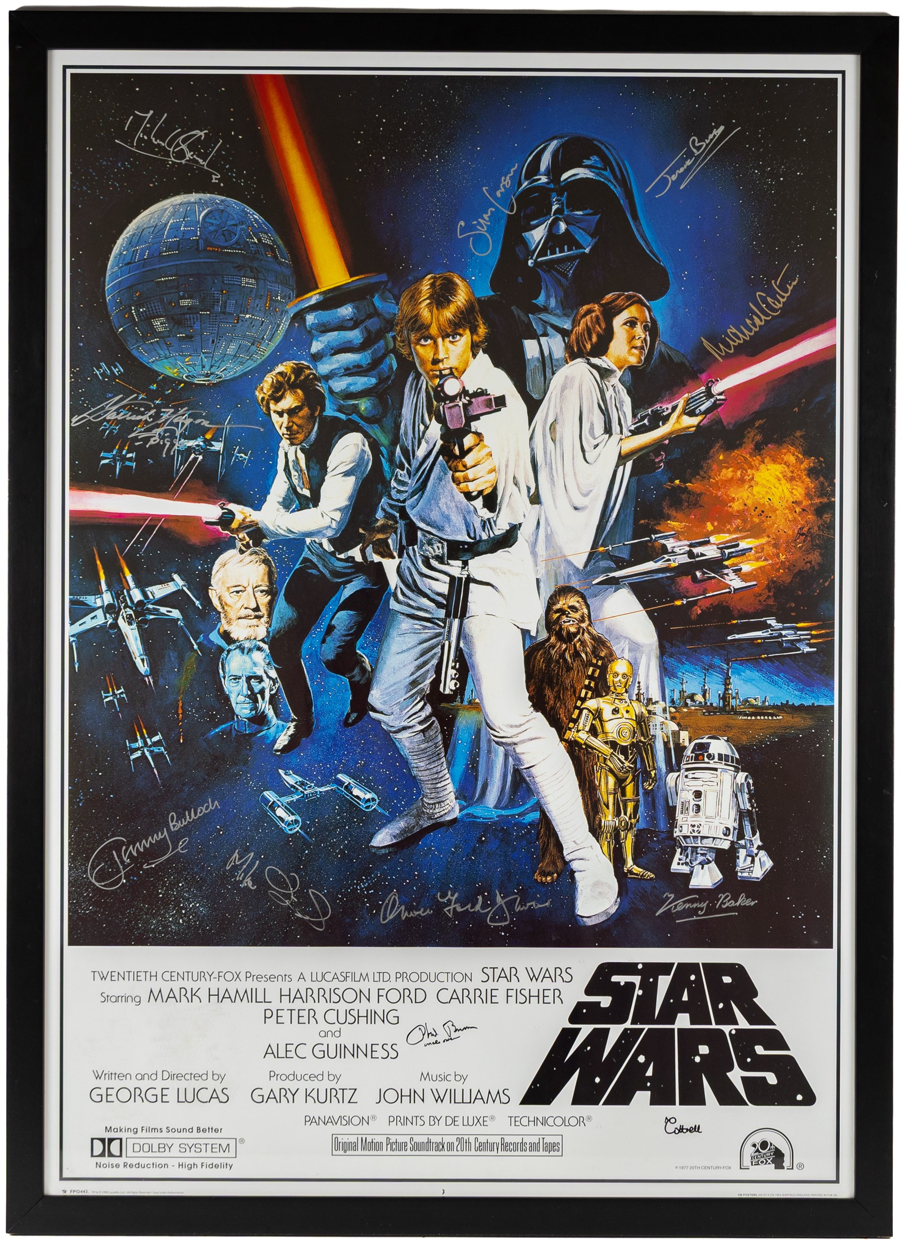 Limited edition multi-signed one sheet Star Wars poster, signed by Kenny Baker, Jerome Blake, Phil Brown, Jeremy Bulloch, Silas Carson, Mike Carter, Michaela Cottrell, Oliver Ford Davies, Mike Edmonds, Garrick Hagan and Michael Sheard, with certificate of authenticity form Collector Zone, framed, poster H90cm, W62cm