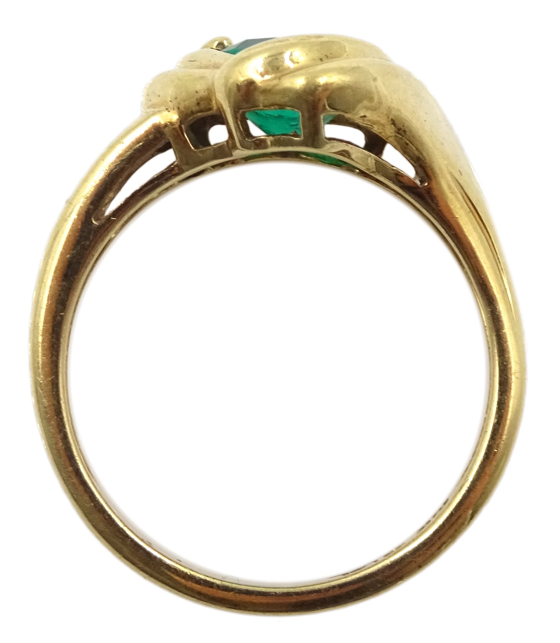 Gold green stone set ring, with diamond set shoulder, stamped 10K