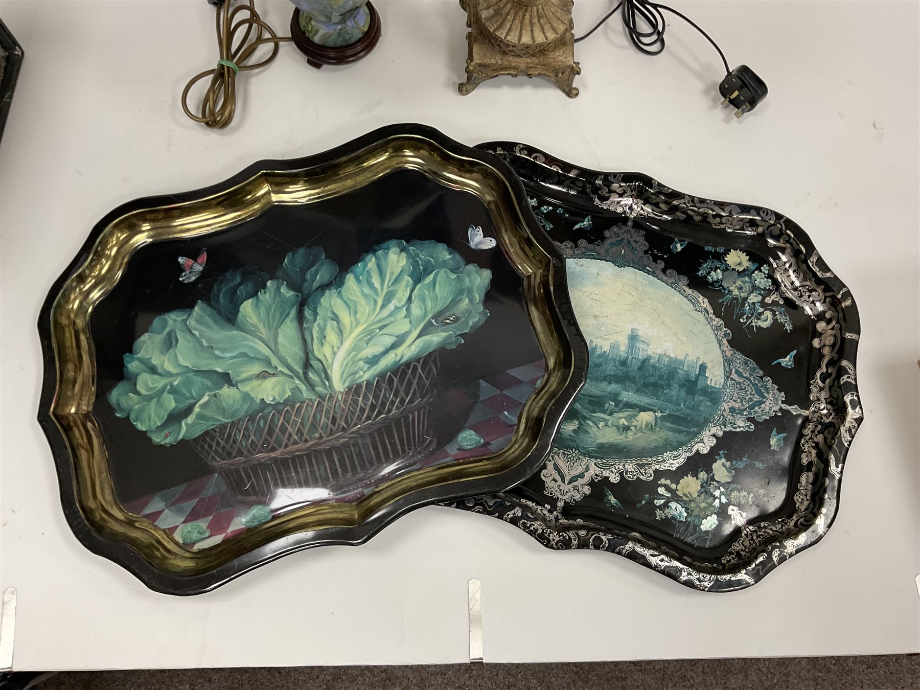 Two lamps and two reproduction papier mache style trays