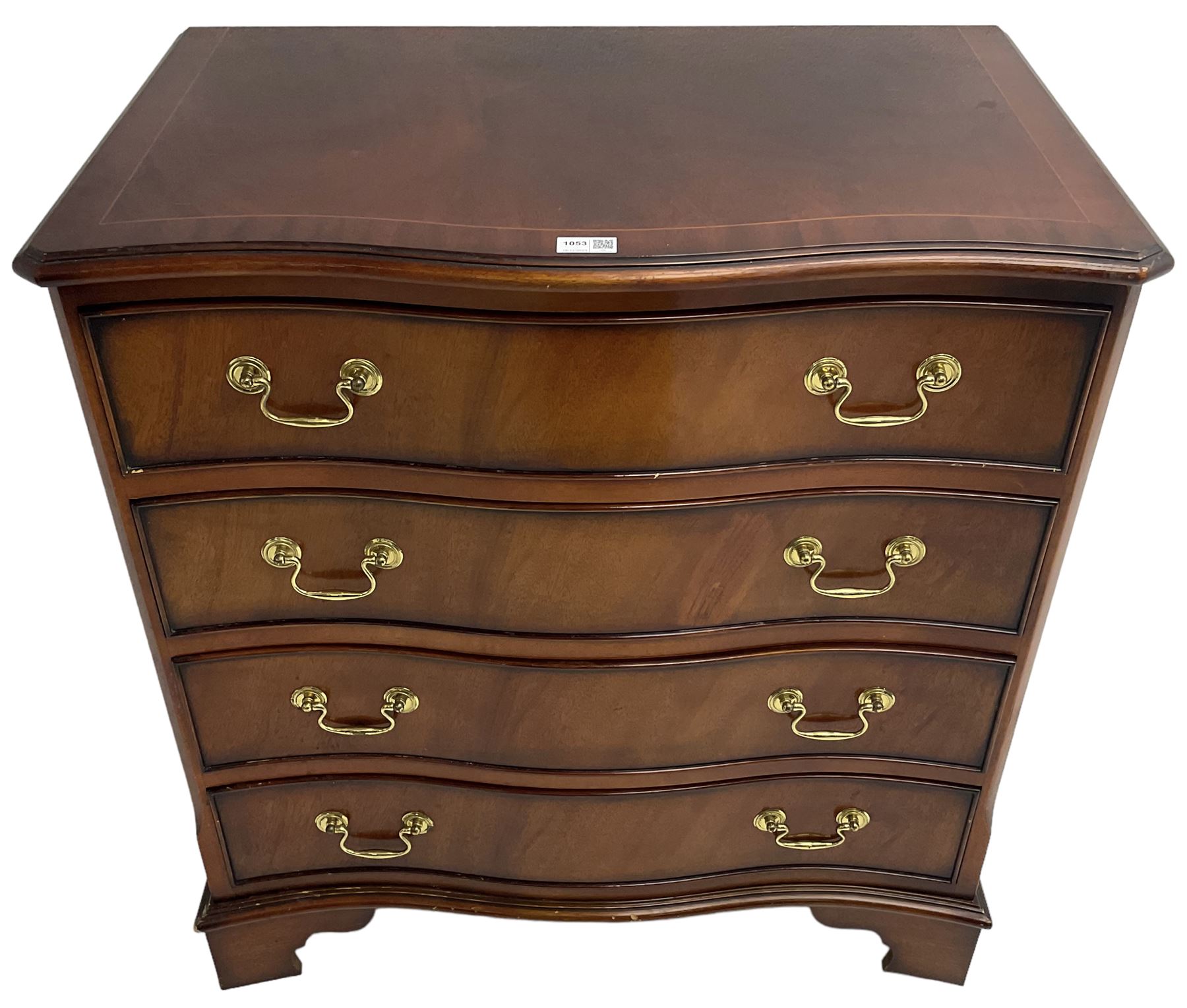 Georgian design mahogany serpentine chest, moulded top over four cock-beaded drawers, on bracket feet