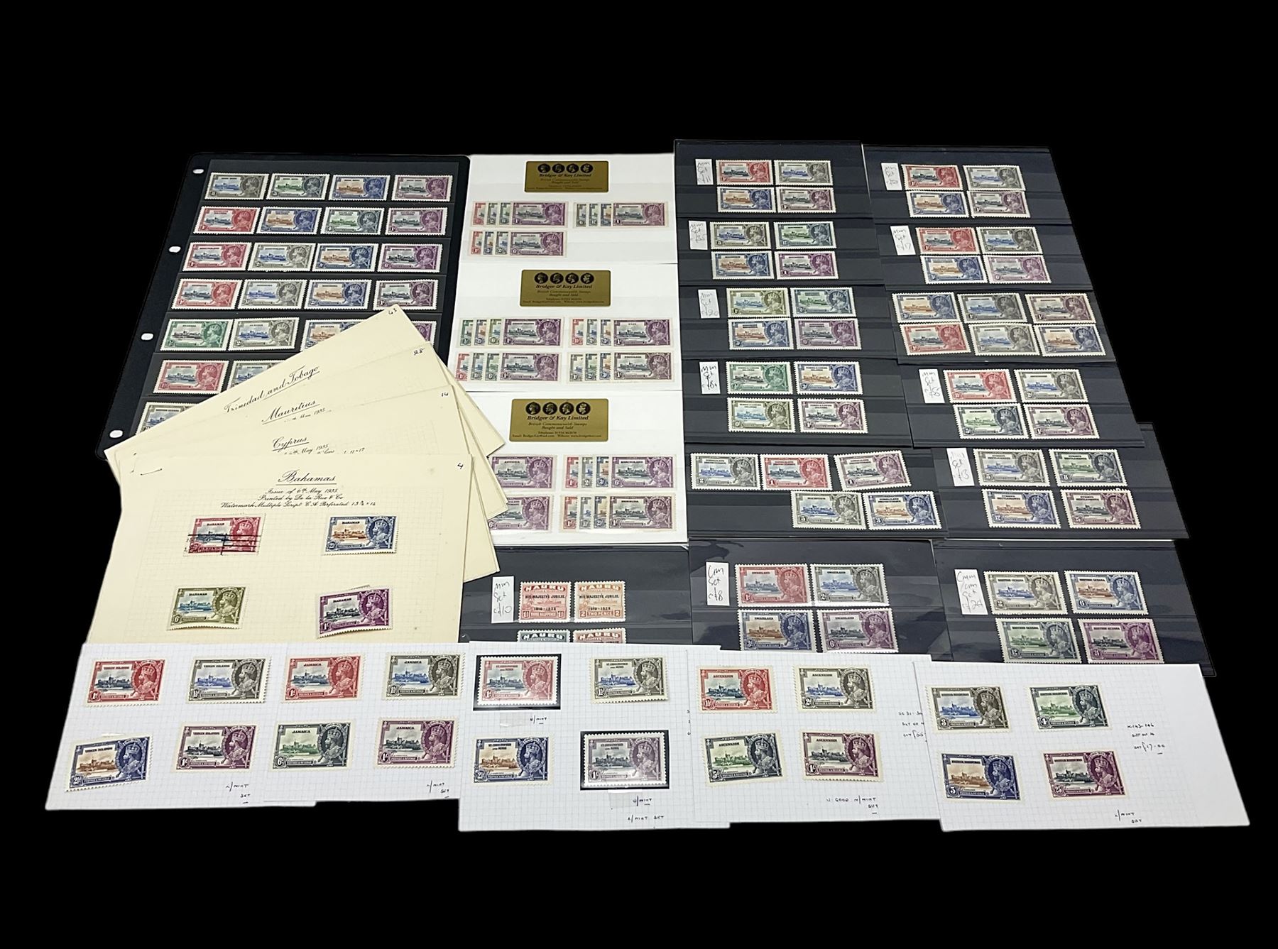 King George V 1910-1935 Silver Jubilee stamps, including Antigua, Basutoland, Cayman Islands, Fiji, Nyasaland, Jamaica, St Helena, Seychelles, Swaziland, St Lucia, British Guiana etc, housed on pages and stockcards 