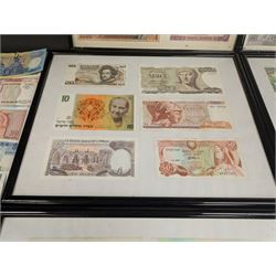 World banknotes, including Central Bank of Nigeria, Indonesia, Central Bank of Egypt, Republic of Liberia, Central Bank of Kenya, Central Bank of the Gambia, Singapore, Belgium etc, loose and in five framed displays