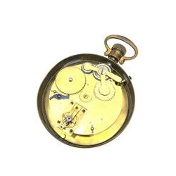Late 19th century brass cased oversized pocket watch timepiece clock, circular enamel Roman chapter ring, single train driven eight day movement with platform escapement