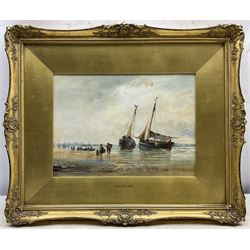 Attrib. James Baker Pyne (British 1800-1870): Unloading on the Shore with a Distant Town Beyond, oil on board unsigned 21cm x 29cm