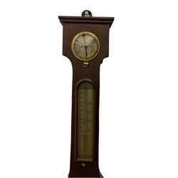 A Victorian mahogany wheel barometer with a mercury cistern, c1880, with a flat top and rounded base, 8” silvered dial with weather predictions, steel indicating hand and brass recording hand, short spirit thermometer, butlers mirror (missing), hygrometer and spirit level.

