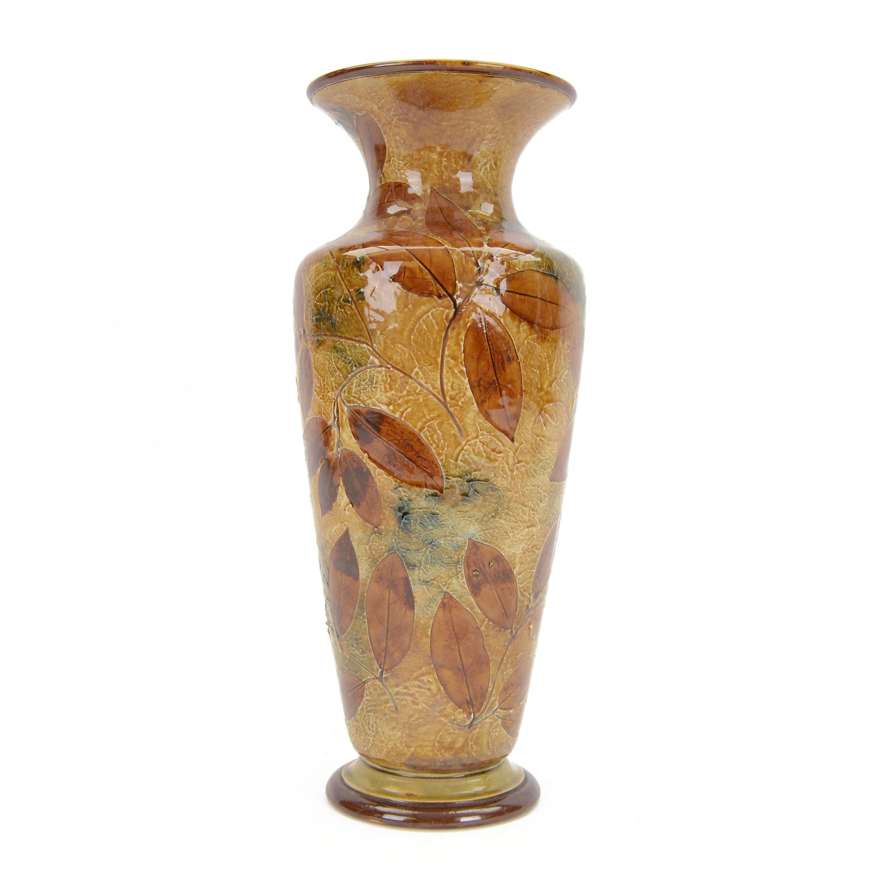 Early 20th century Royal Doulton Autumn Leaves pattern vase, of baluster form with fluted rim, impressed with maker's mark, designers initials and number 7559 beneath, H40cm