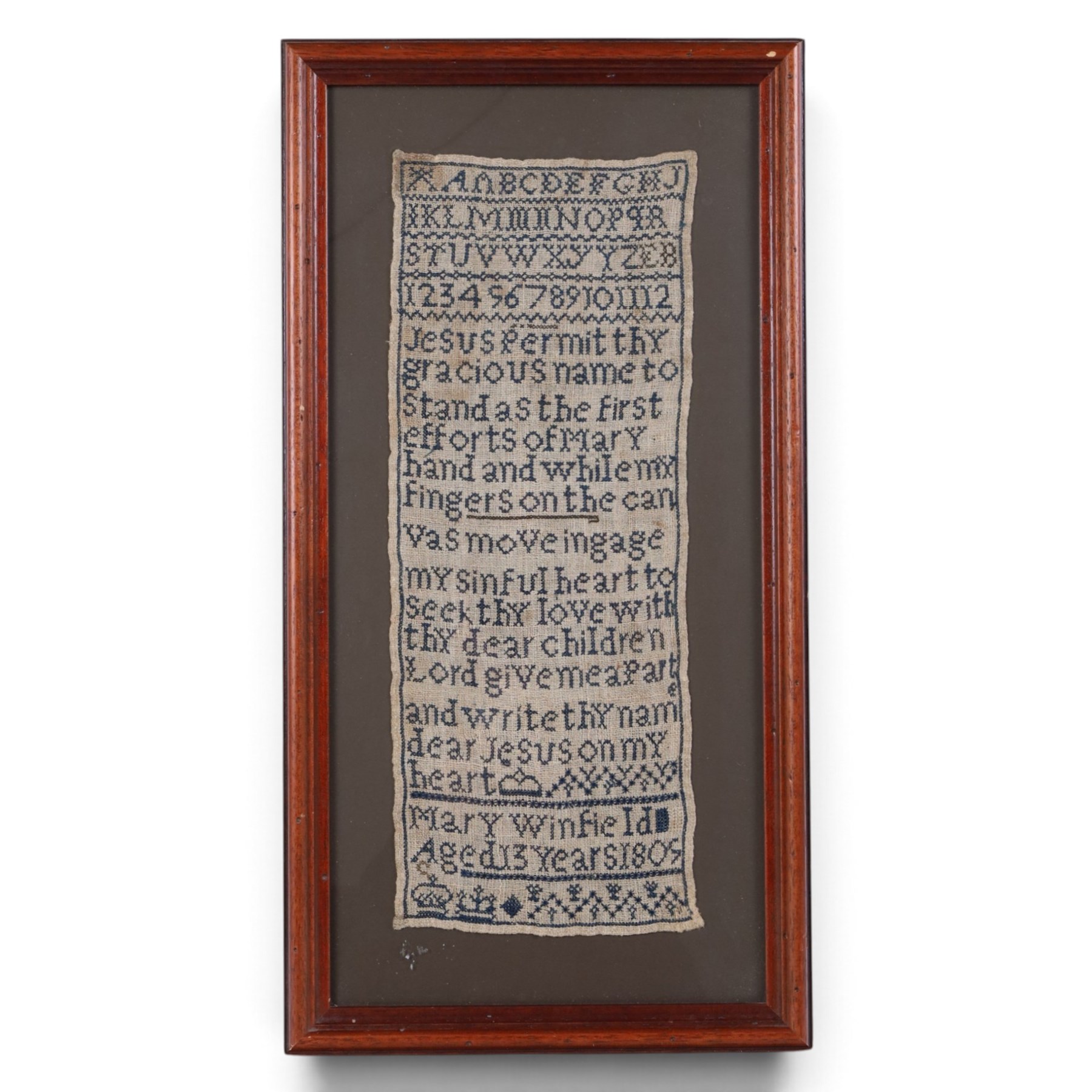 19th century sampler, by Mary Winfield aged 13 years, 1809, alphabet and verse, framed, H54cm 