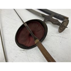 20th century Indian Tulwar sword with 71cm plain curving steel blade and iron hilt with extended langets, knopped grip and spiked pommel; in canvas covered wooden scabbard L87.5cm overall; together with five fencing swords comprising four foils and one epee, three marked Leon Paul, one in carrying case (6)