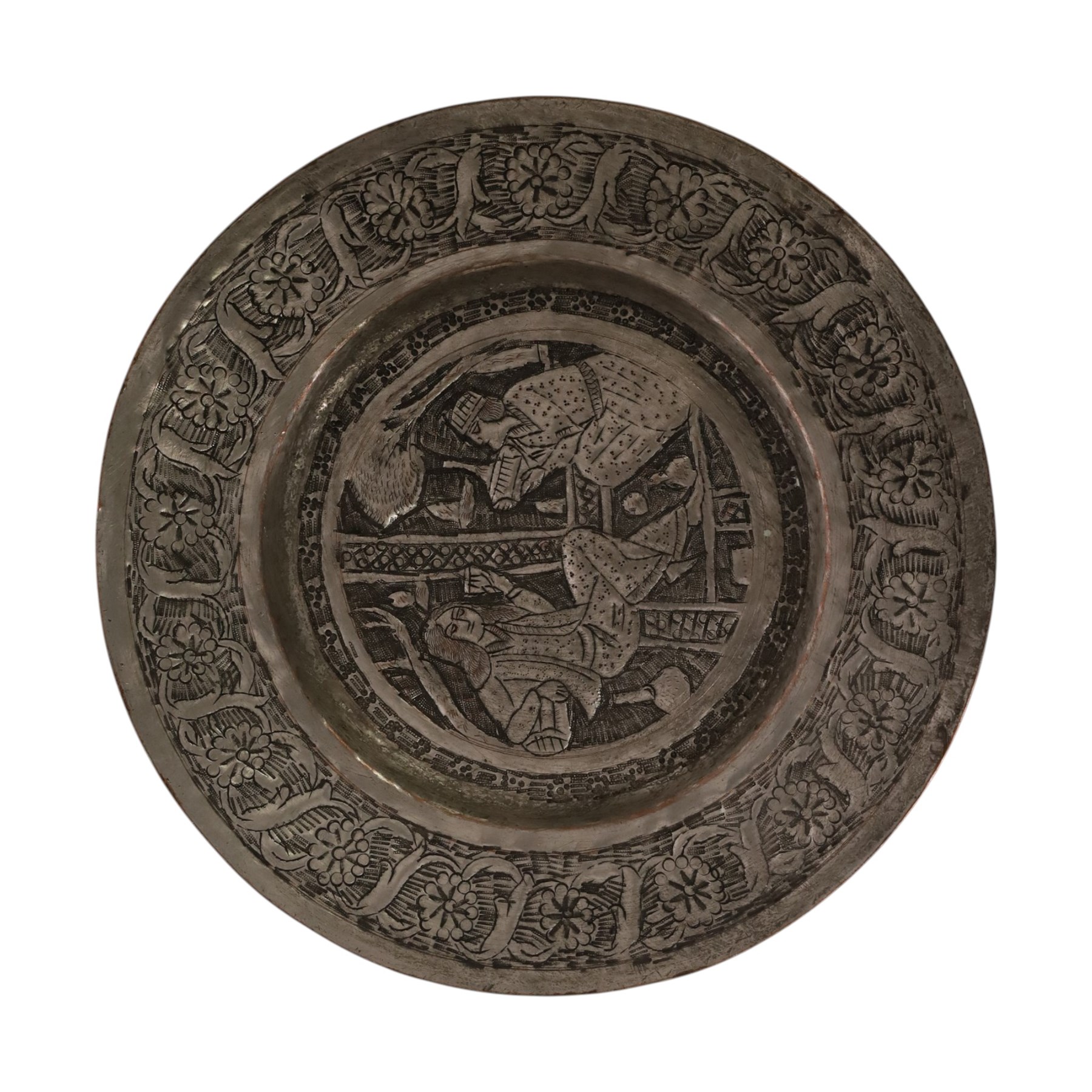 Set of four Persian silvered copper plates, decorated in relief, the central panel depicting figures in various scenes with a floral boarder, D17cm