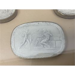 Set of six 19th century Grand Tour plaster intaglios, each depicting classical figures, frame H25cm, W19cm