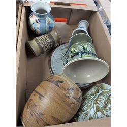 Collection of studio pottery, including bowls, vases, goblets and bottles, in four boxes 