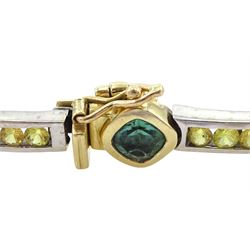 14ct white and yellow gold green tourmaline and yellow sapphire link bracelet, stamped