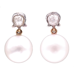  Pair of gold and silver pearl and old cut diamond pendant earrings  