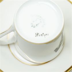 Nymphenburg coffee set painted with WWI military scenes after Hans Kratzer, comprising six coffee cans and saucers, coffee pot, cream jug and covered sugar bowl