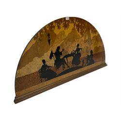 Early to mid 20th century walnut marquetry panel, arched form depicting silhouette tea party in mountainous landscape 