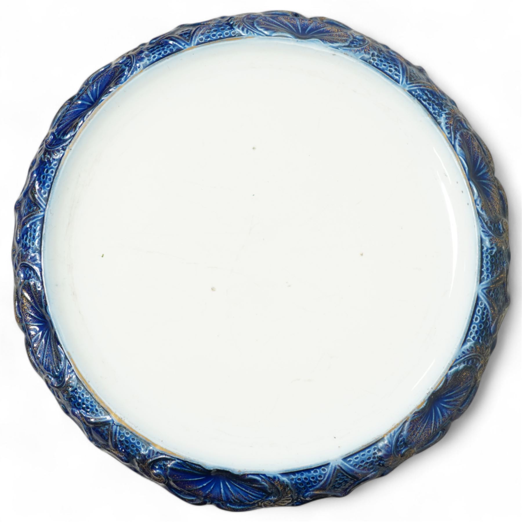 Staffordshire pottery jardiniere, decorated with flowers in blue and heightened in gilt, overall H46cm 