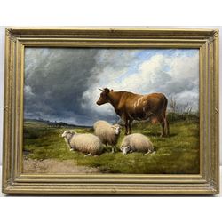 Thomas Sidney Cooper (British 1803-1902): Cow and Sheep under a Brooding Sky, oil on board, signed and dated 1897 verso with artist's wax seal 40cm x 55cm 