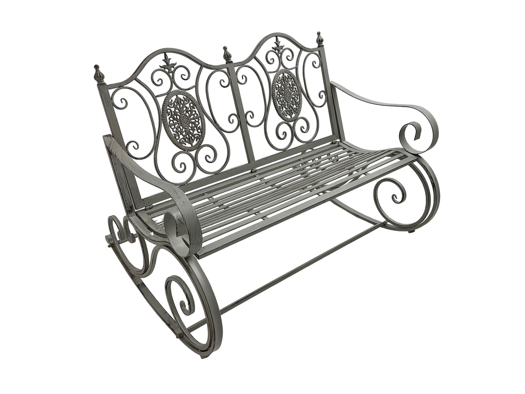 Regency design wrought metal rocking garden two seat, pierced back with scroll design over strap seat, with C-scroll back supports, in antique grey finish
