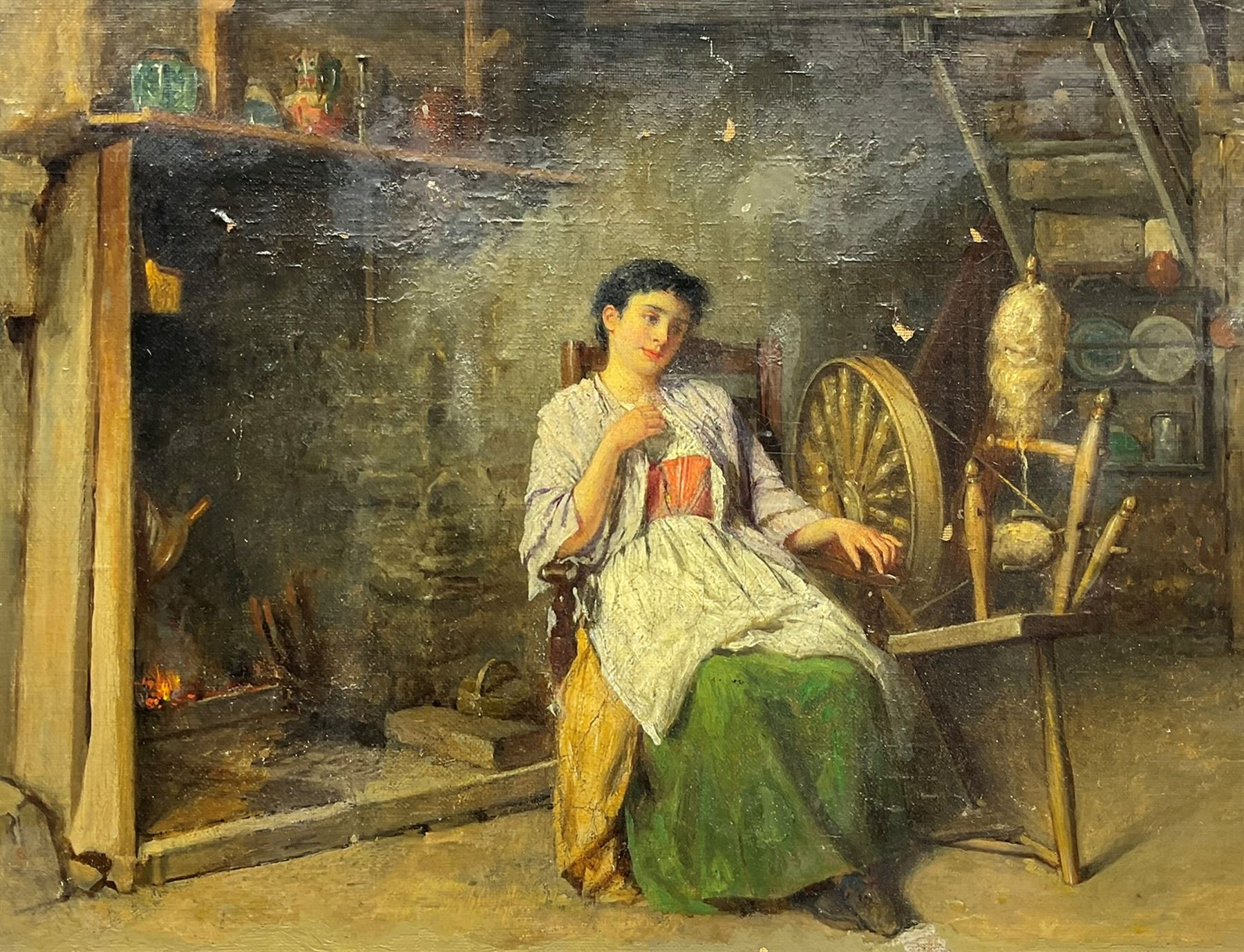 English School (19th century): Girl at a Spinning Wheel, oil on canvas unsigned 33cm x 44cm (unframed)