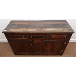  18th century oak dresser base, three drawers above two panelled doors, stile end supports, W142cm, H86cm, D52cm  