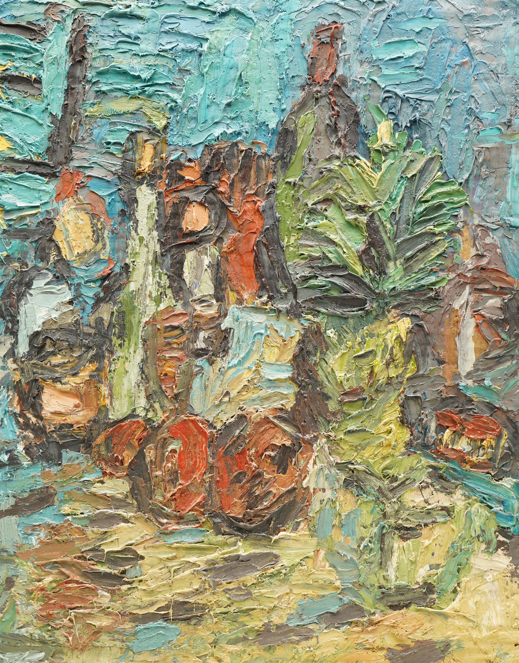 Barry De More (Yorkshire 1948-2023): Still Life of 'Pineapple' and Fruit, gouache oil and impasto on cardboard signed titled and dated 2017 verso 45cm x 35cm
Notes: Acclaimed as one of the North's greatest expressionist artists, Barry De More (1948-2023) used a heavy impasto style to transfer his love of Yorkshire landscapes, townscapes and people to canvas. His work sits comfortably in the company of work by Kossoff and Auerbach, selling to collectors in the UK and overseas. De More's work can be found in the permanent collection of work by Northern Artists at Dean Clough, one of the UK's largest contemporary art galleries.