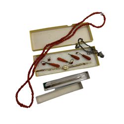 Coral bead necklace and two pairs of carved coral earrings, together with a 9ct gold ladies wristwatch with 9ct gold strap, silver bracelet and a silver pencil
