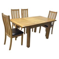 Light oak extending dining table, with four chairs, breadboard ends with integrated fold out leaf with latches, on square supports, tall slatted backrest with brown leather drop in seat  

(Extended 165cm)