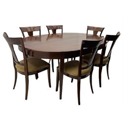 Grange Furniture - cherry wood finish oval extending dining table on square tapering supports, and a set of eight dining chairs with curved backs and upholstered seats 