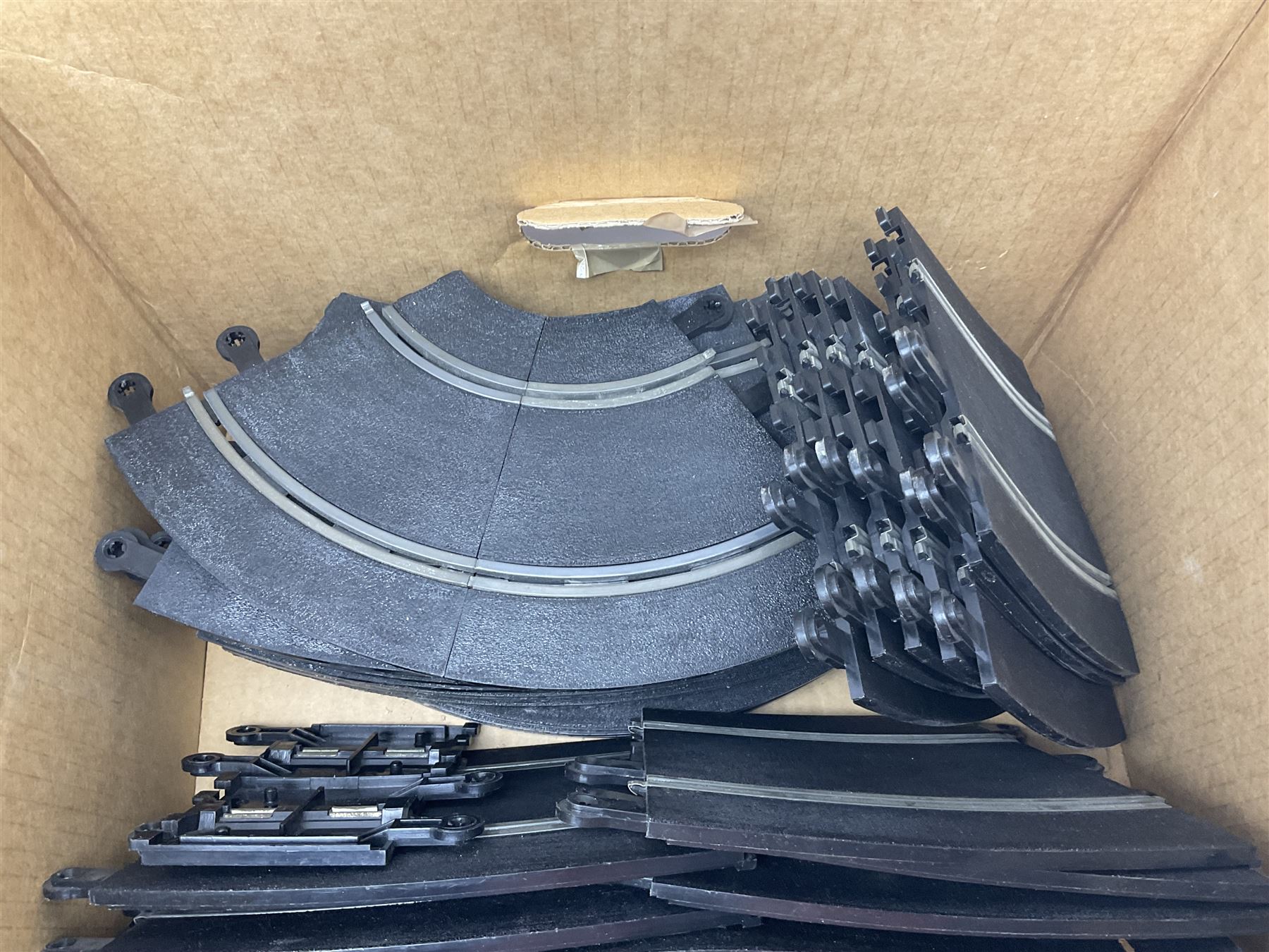 Tri-ang Scalextric - seven cars including pair of Jaguar D Types, pair of Austin Minis, Porsche and BRM racing cars etc; six various controllers and power unit, fencing, banking and bridge pillars, boxed kiosk, quantity of track and paperwork