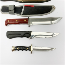 Hunting knife with 17cm single edge blade stamped Tramontina with brass riveted wooden slab grip L29.5cm; another with14cm blade stamped Tramontina, composite grip marked Amazonas Two L26cm, both in sheaths; and a small hunting knife with12cm blade marked Muela Spain (3)