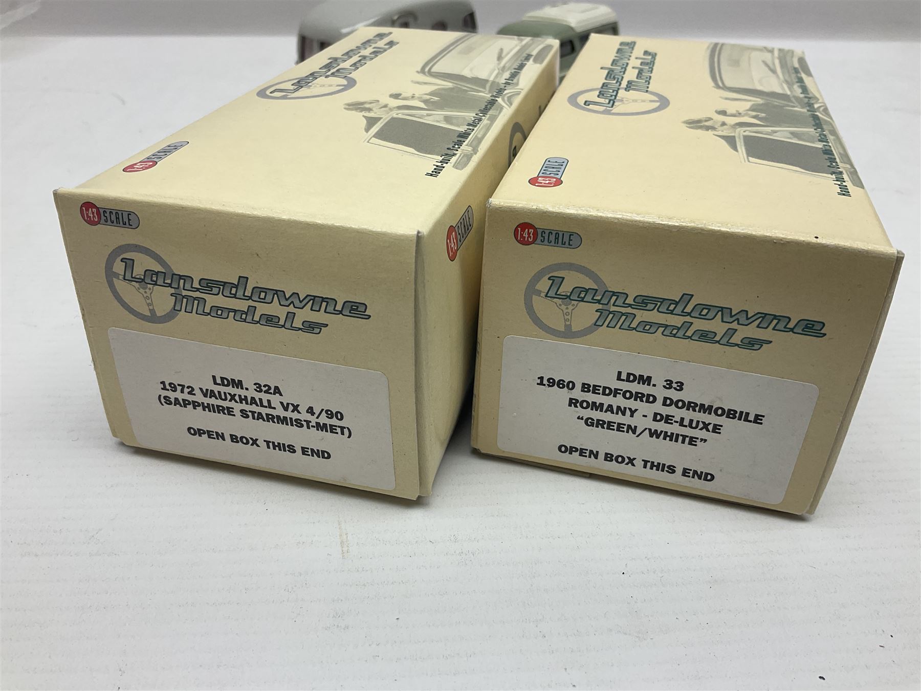 Three Lansdowne Models 1:43 scale models - 1956 Willerby Vogue Caravan; 1960 Bedford Dormobile Romany De-Luxe in green and white; and 1972 Vauxhall VX4/90 (Sapphire Starmist-met); all boxed (3)