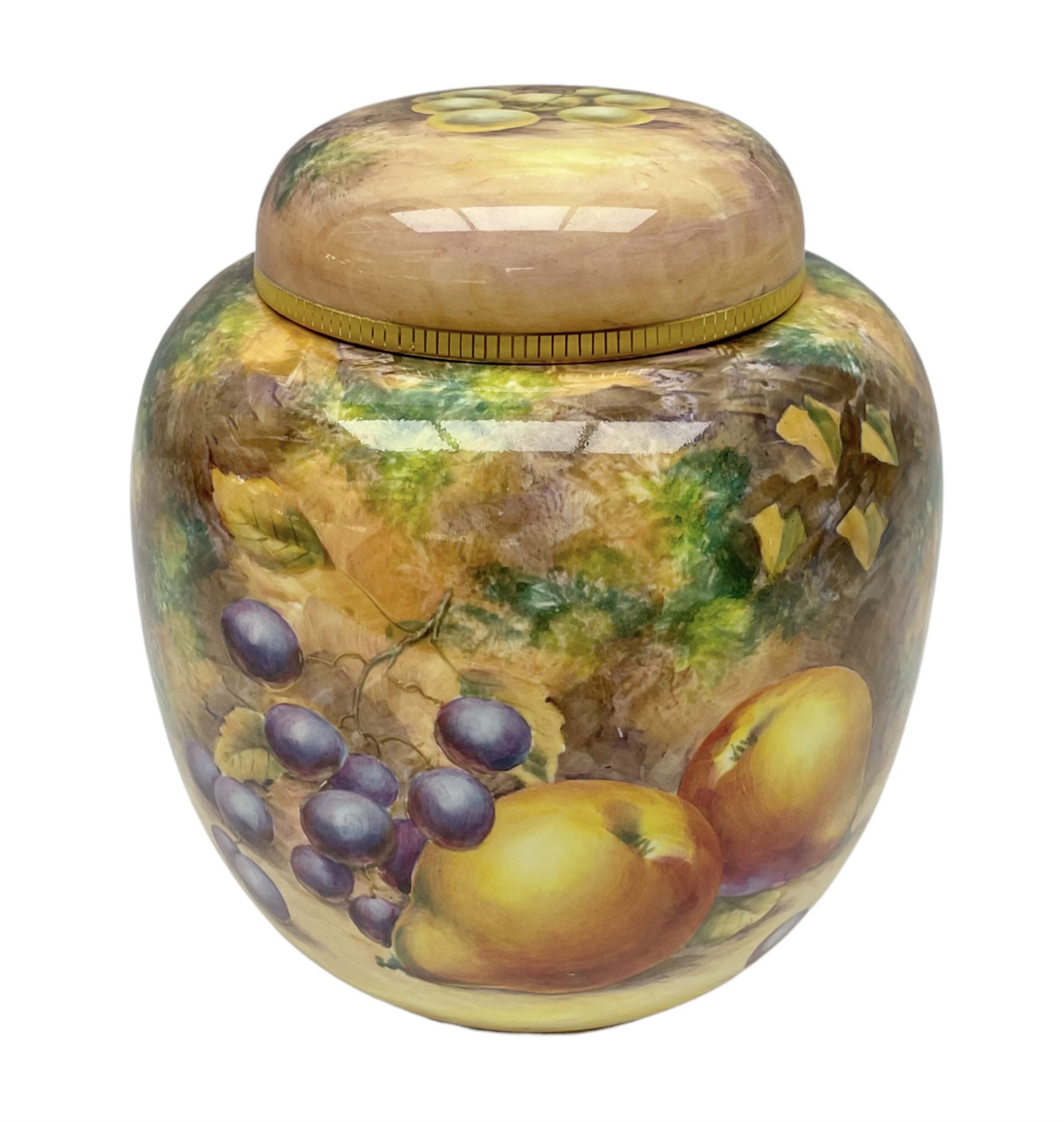 Mid/late 20th century Royal Worcester ginger jar and cover decorated by R Lewis, hand painted with a still life of fruit upon a mossy ground, signed R Lewis, with black printed mark beneath and painted shape number 2826, H17.5cm