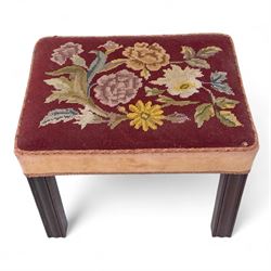 Mid 19th-century stool, square seat upholstered in a red floral needlework, raised on chamfered mahogany legs 