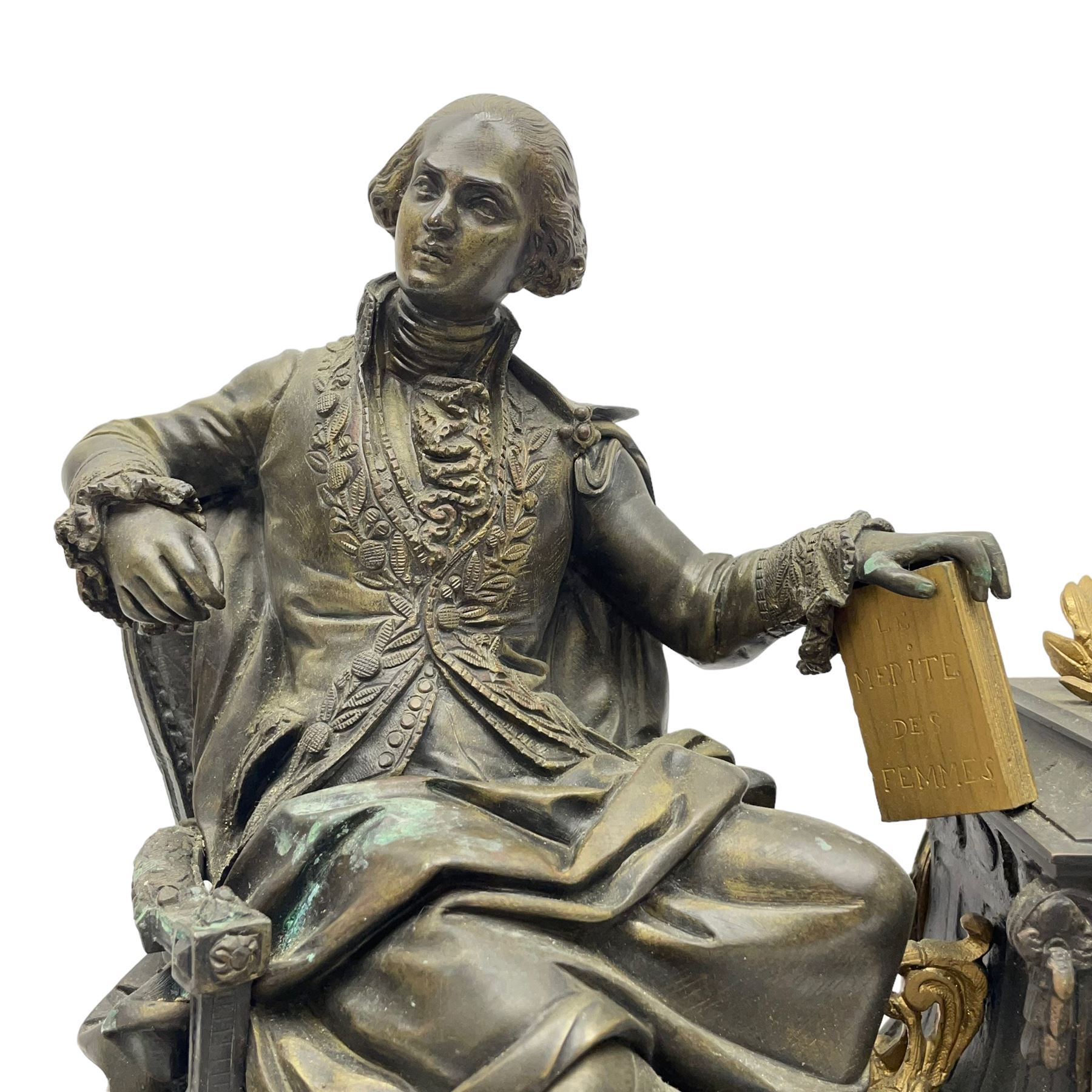 French - 19th century Belgium slate and marble 8-day mantle clock c1860, surmounted with a cast brass figure of the French poet  Ernest Legouve, holding a copy of his collection of poems 