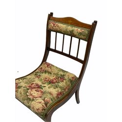 Victorian walnut framed upholstered nursing chair, Edwardian inlaid chair, oak sewing box and a contemporary folding rattan screen